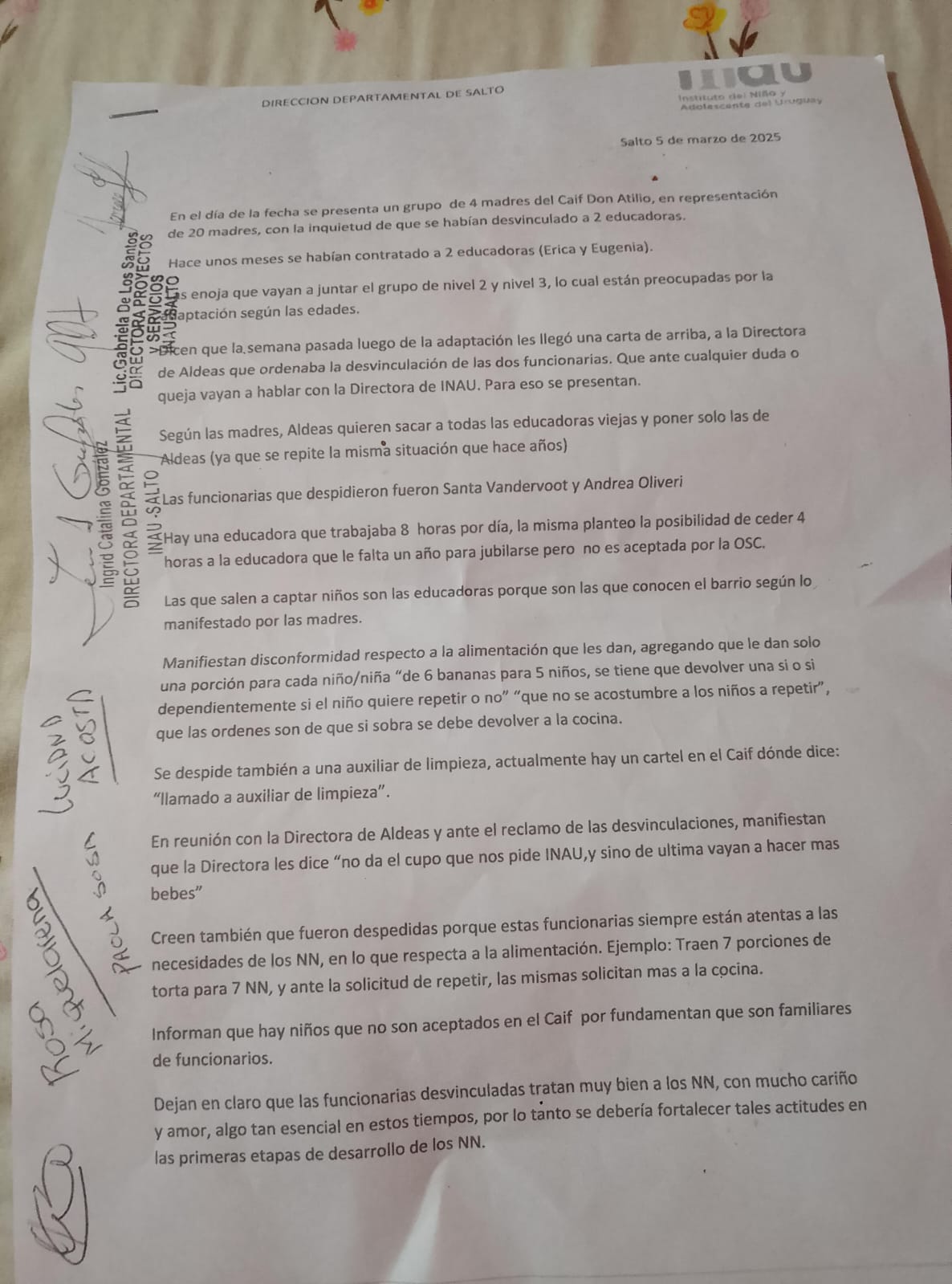 El documento que recoge los reclamos de las madres de niños del CAIF Don Atilio